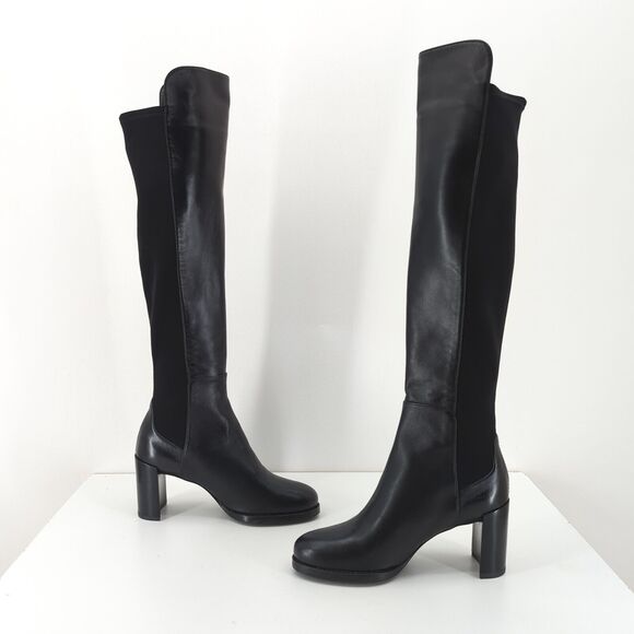Stuart Weitzman Women 4 Lowjack Boots 5050 Black Leather Over The Knee OTK Block - Picture 4 of 11